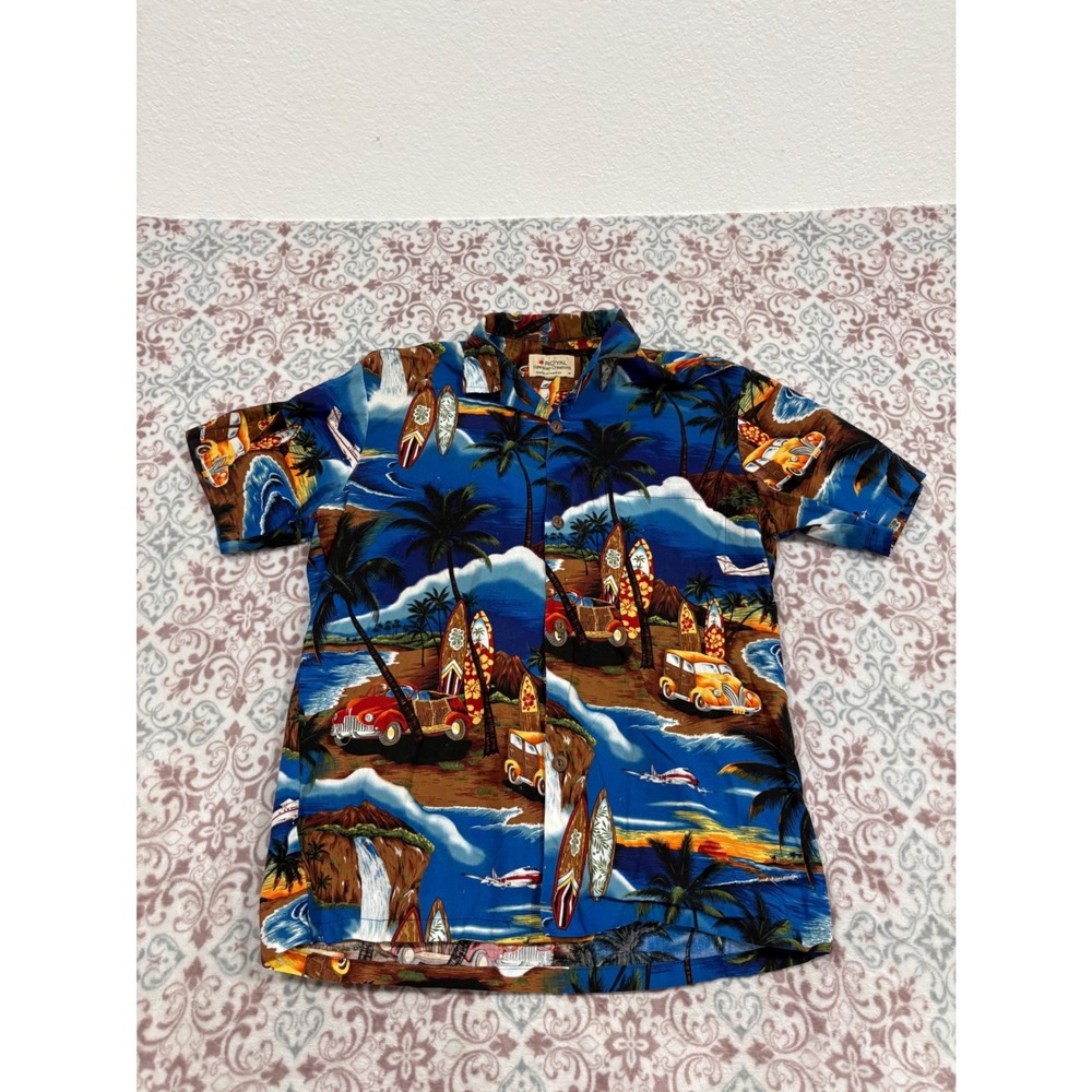 Royal Hawaiian Creations Mens Blue Woody Car Surfboard Scenic Aloha Shirt Medium